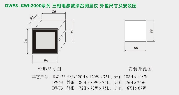 多功能电力仪表,DW93-2000三相多功能表外形尺寸及安装图