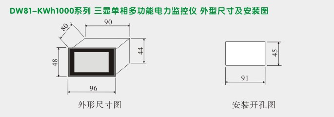 多功能电力仪表,DW81-1000单显多功能表外形尺寸及安装图