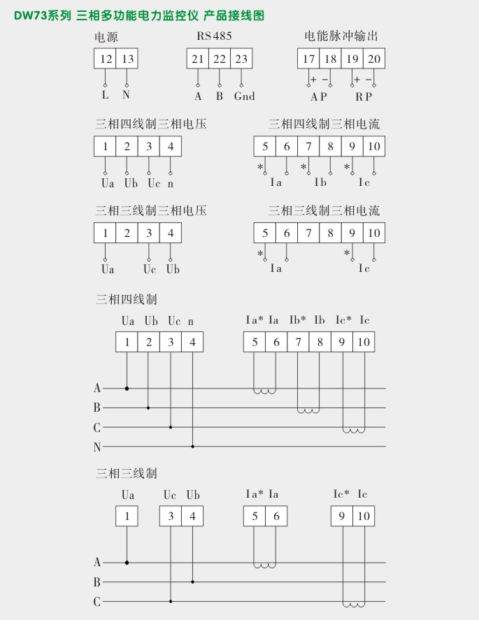 多功能电力仪表,DW73-1000三相多功能表接线图